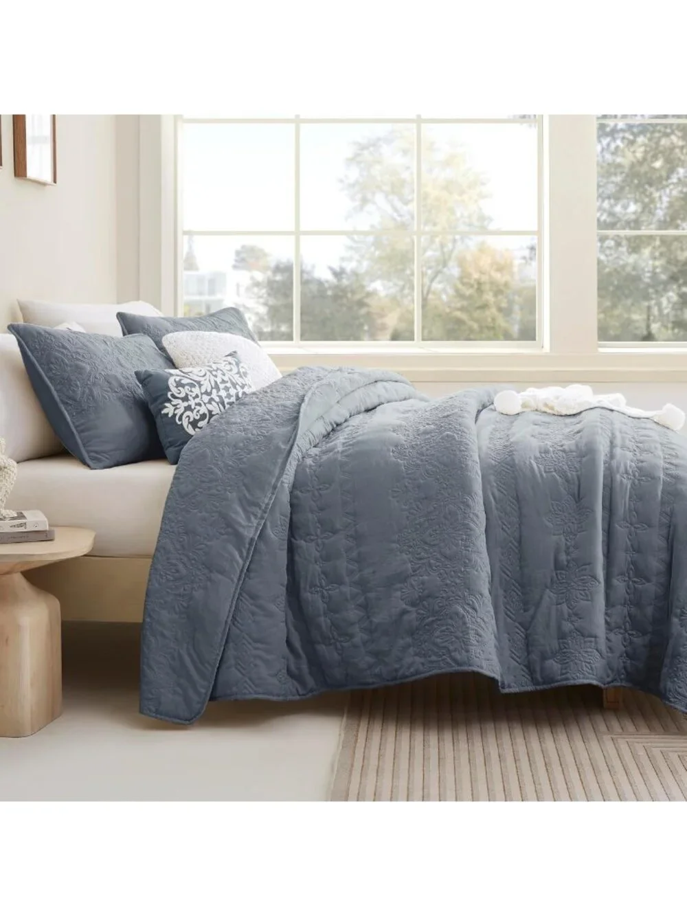 Boho Blue California King Quilt Set - Oversized Floral Lightweight Bedspread, 3
